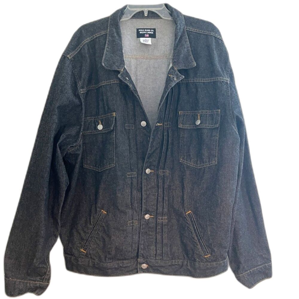 Polo Ralph Lauren Jean Jacket Classic Dark Denim Trucker Leather Flag Patch 3X